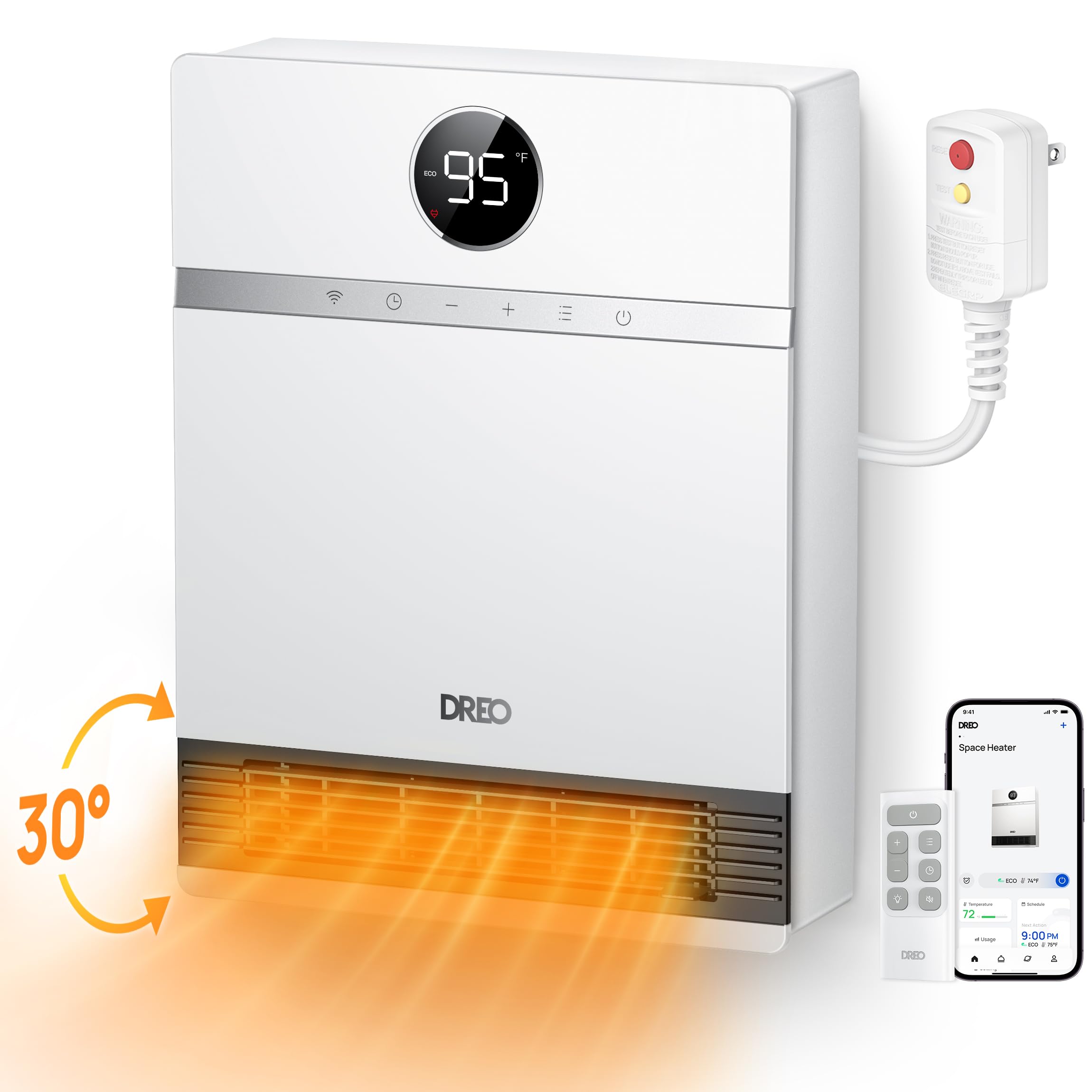 DREO Smart Wall Heater, IP24 Electric PTC Space Heaters for Indoor Use, 30° Oscillation, Adjustable Thermostat, Remote Control, Works with Alexa, 24H Timer, Easy-mounted for Office, Bedroom, Home
